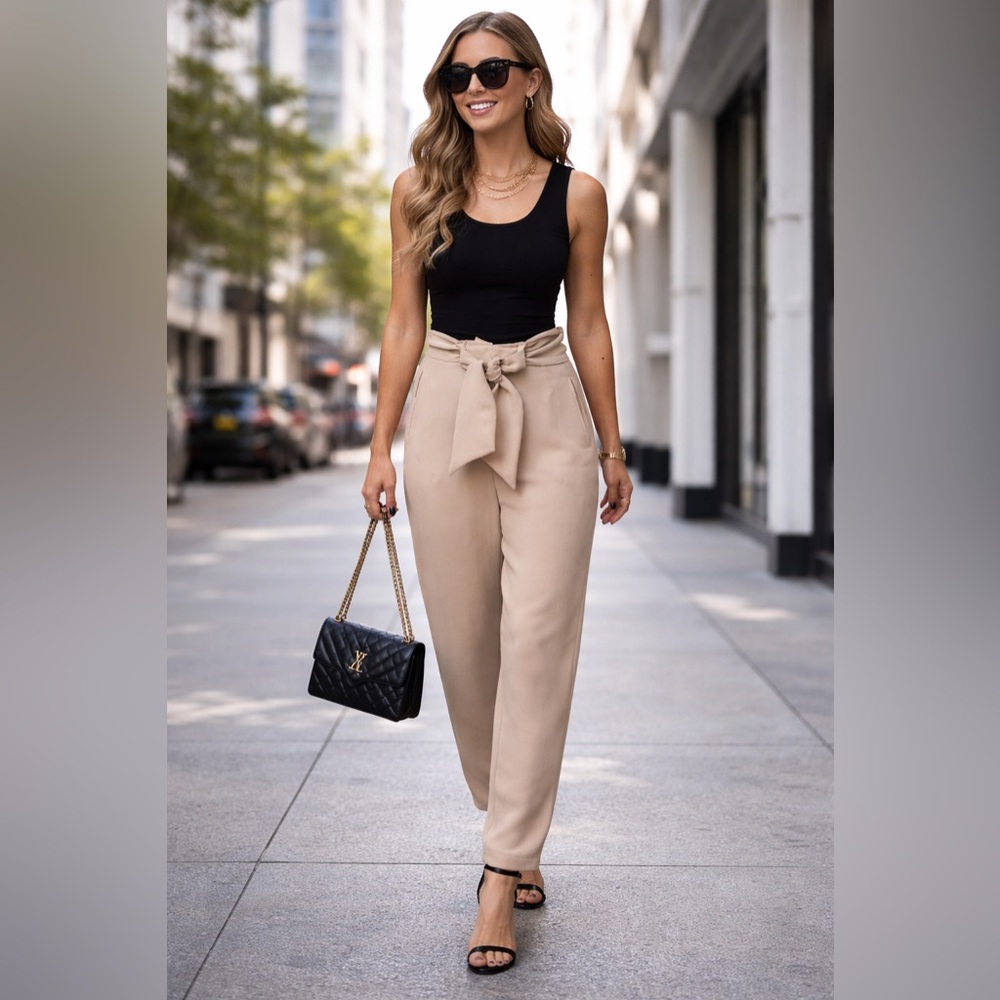 Pinko Beige High-Waisted Tie-Waist Trousers | Size US 10